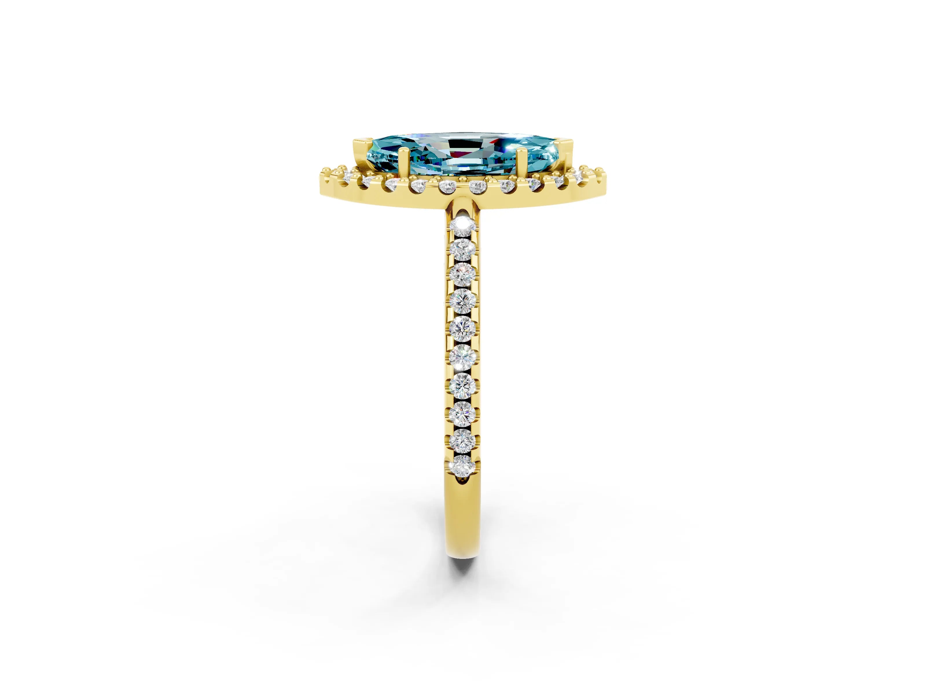 Yellow gold Marquise Cut Blue Topaz Pavé Halo Ring with Four-Prong Setting_14