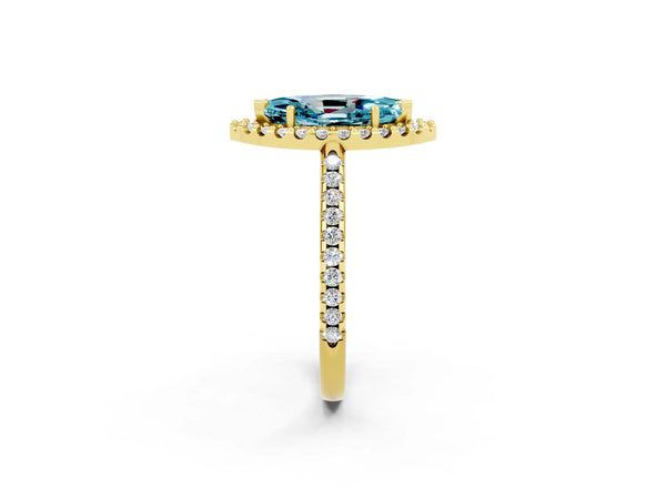Yellow gold Marquise Cut Blue Topaz Pavé Halo Ring with Four-Prong Setting