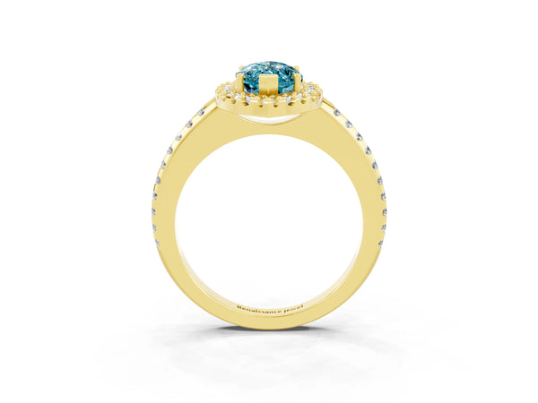 Yellow gold Marquise Cut Blue Topaz Pavé Halo Ring with Four-Prong Setting