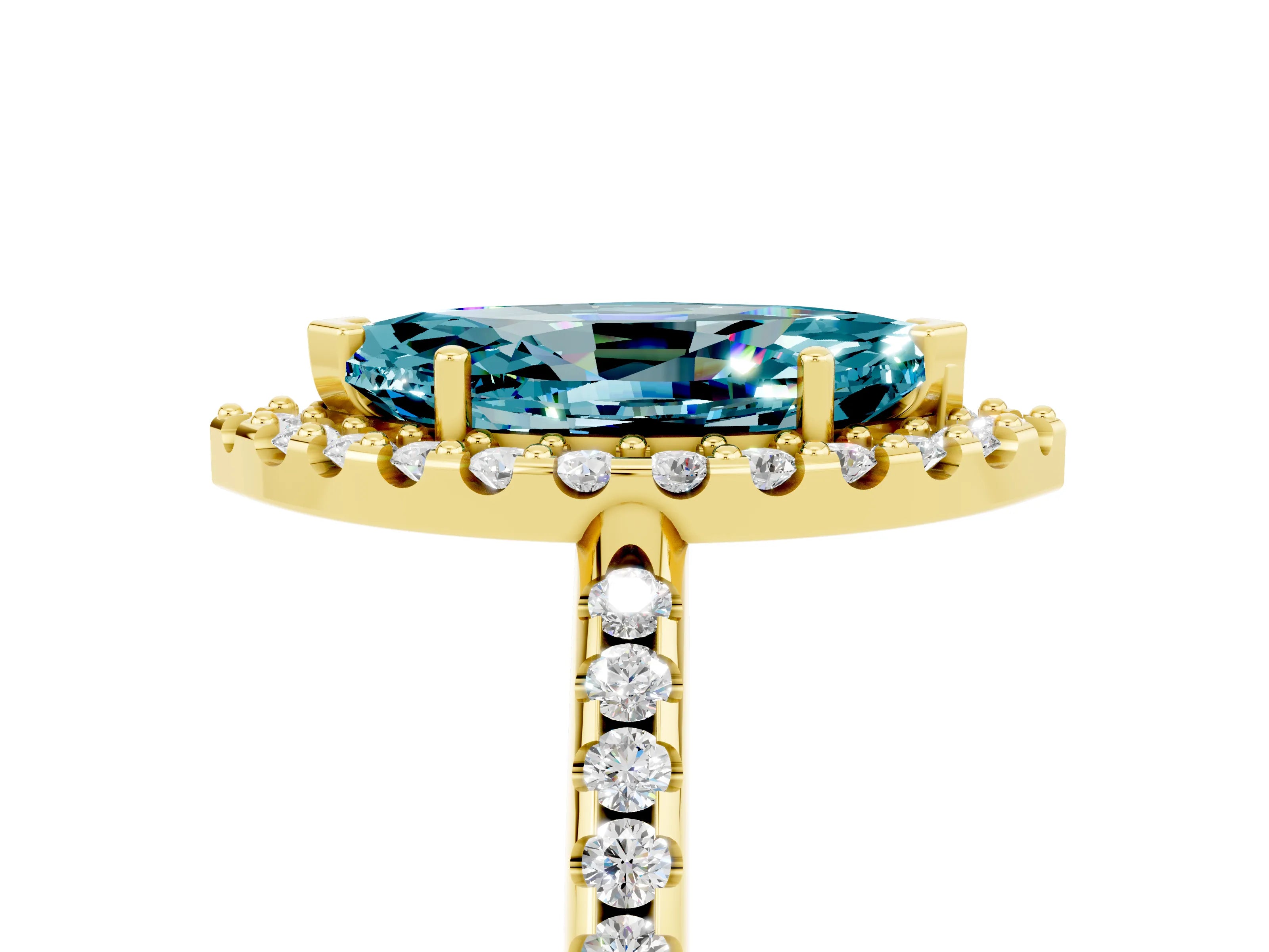 Yellow gold Marquise Cut Blue Topaz Pavé Halo Ring with Four-Prong Setting_17