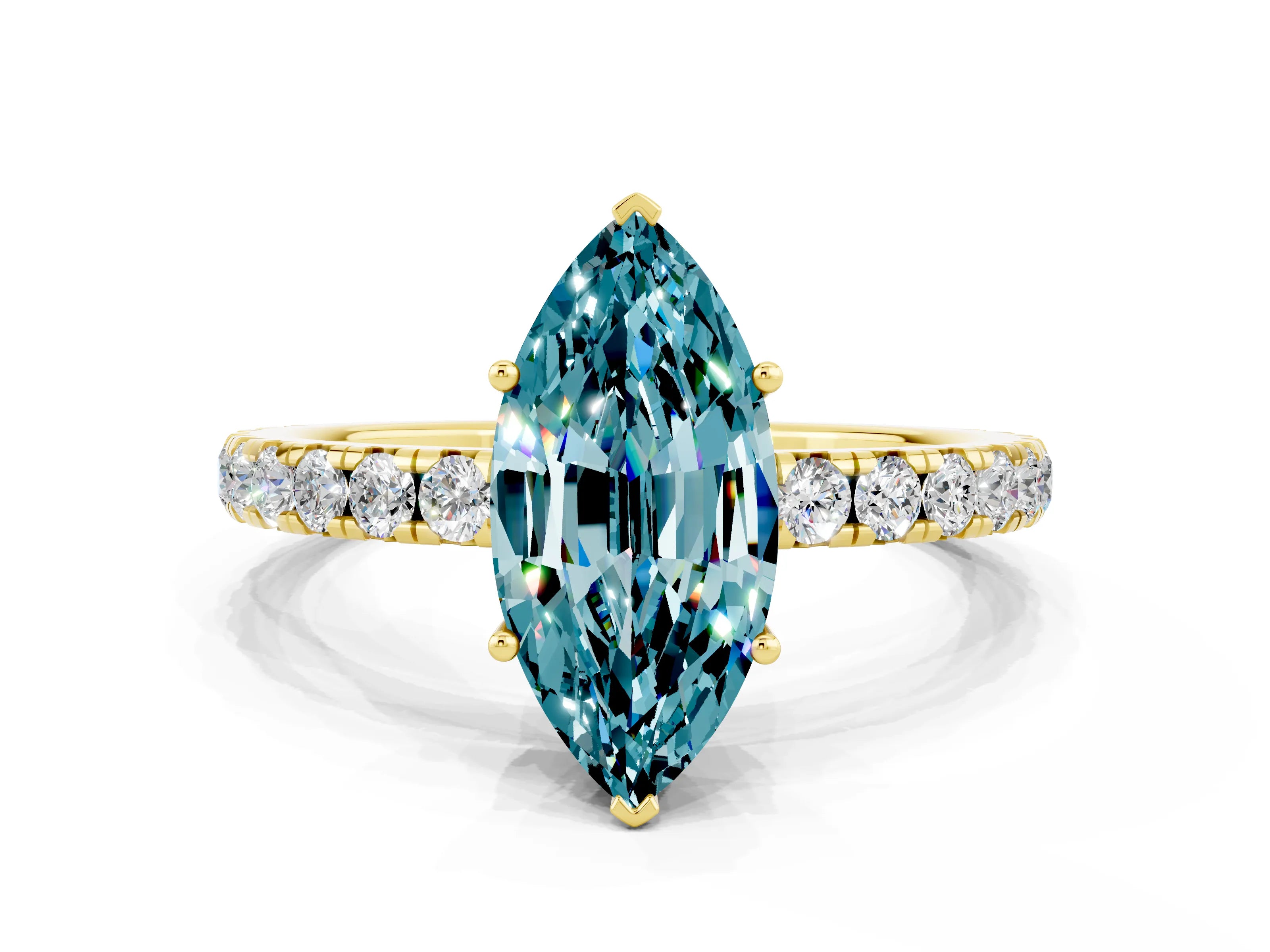 Yellow gold Marquise Cut Blue Topaz Pavé Solitaire Engagement Ring with Four-Prong Setting_12