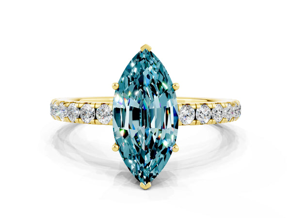 Yellow gold Marquise Cut Blue Topaz Pavé Solitaire Engagement Ring with Four-Prong Setting