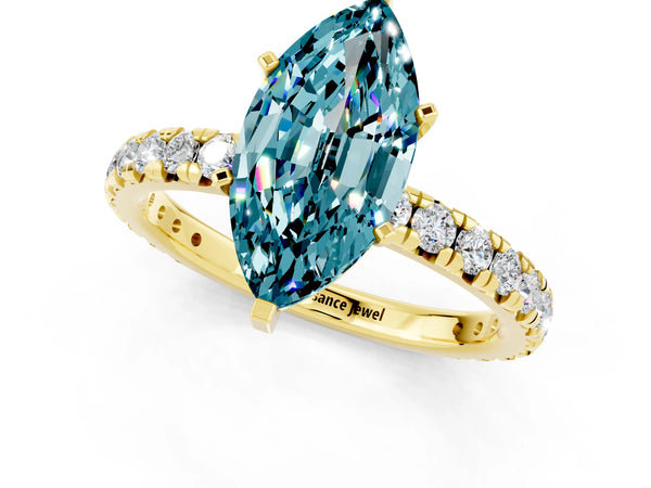Yellow gold Marquise Cut Blue Topaz Pavé Solitaire Ring with Round Band and Prong Setting