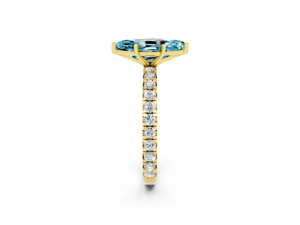 Yellow gold Marquise Cut Blue Topaz Pavé Solitaire Ring with Round Band and Prong Setting