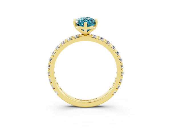 Yellow gold Marquise Cut Blue Topaz Pavé Solitaire Ring with Round Band and Prong Setting