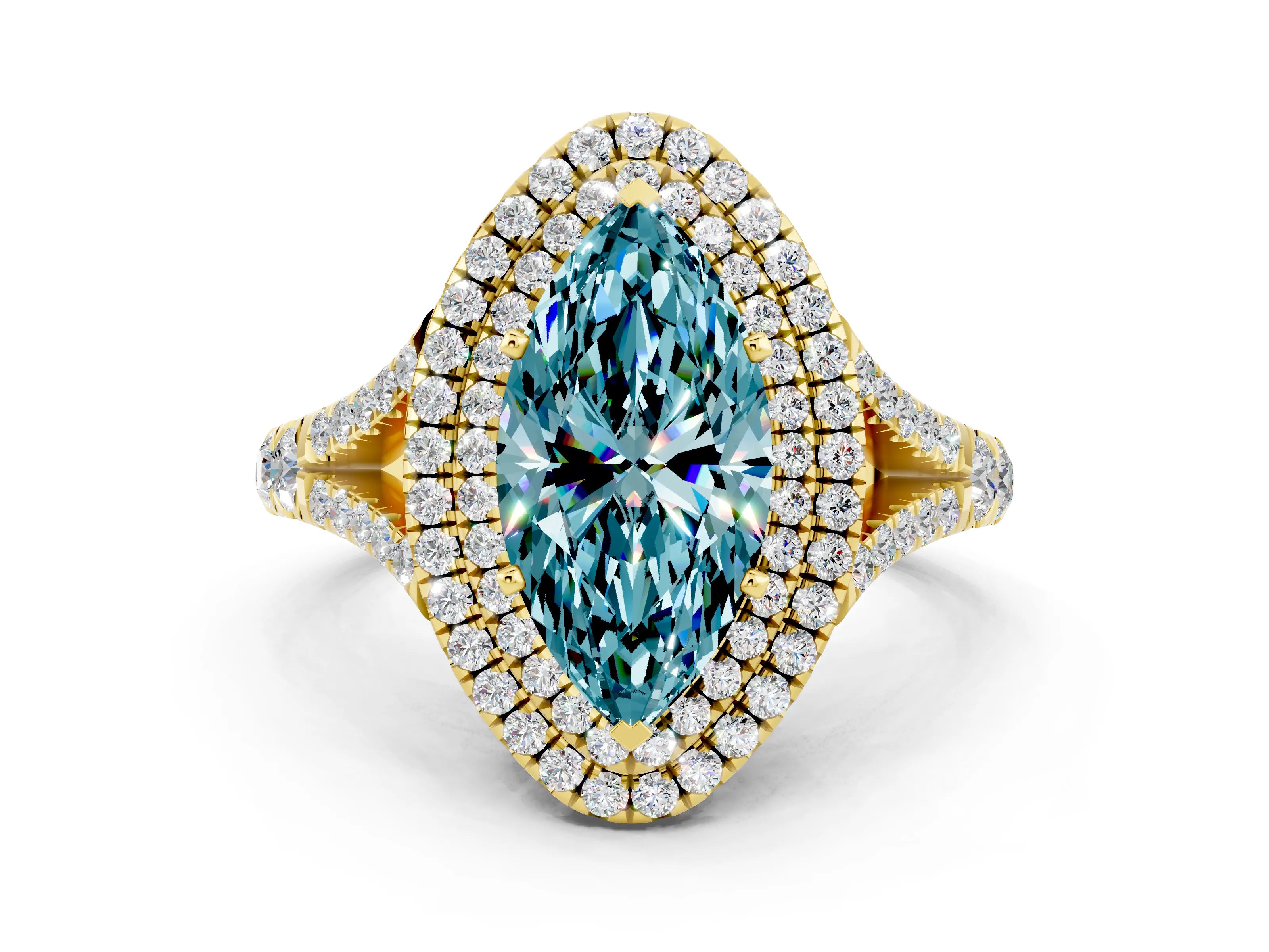 Yellow gold Marquise Cut Blue Topaz Pavé Split Shank Double Halo Engagement Ring