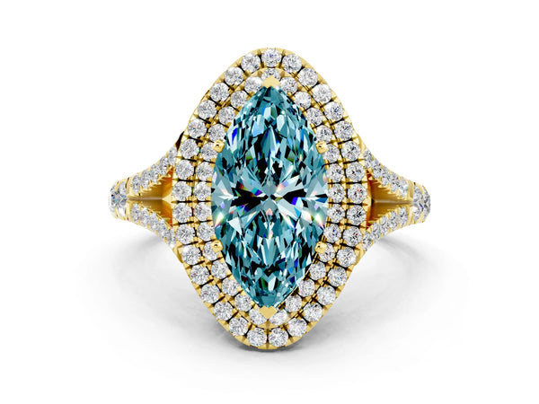 Yellow gold Marquise Cut Blue Topaz Pavé Split Shank Double Halo Engagement Ring