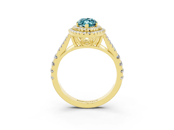 Yellow gold Marquise Cut Blue Topaz Pavé Split Shank Double Halo Engagement Ring
