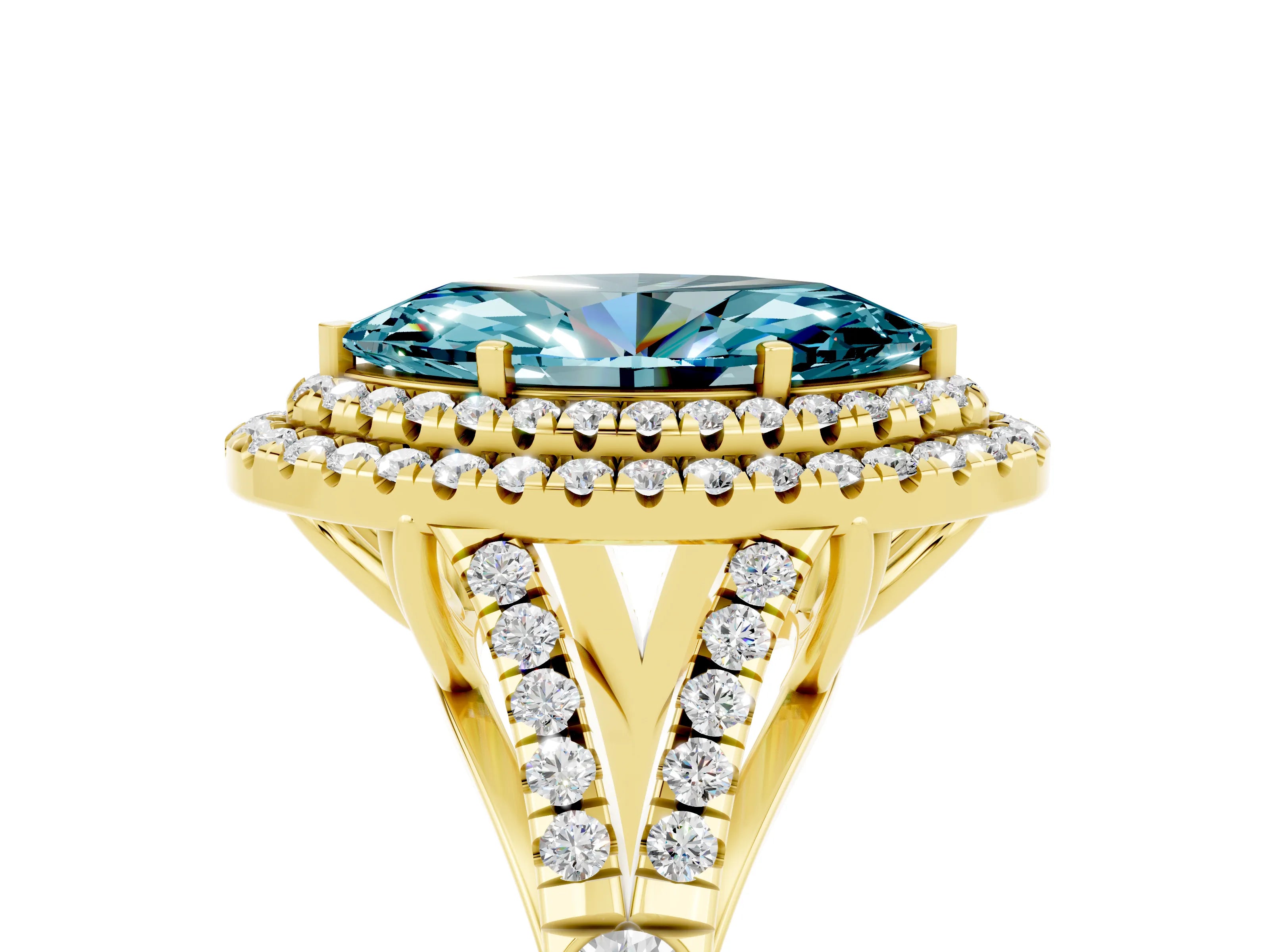 Yellow gold Marquise Cut Blue Topaz Pavé Split Shank Double Halo Engagement Ring_5