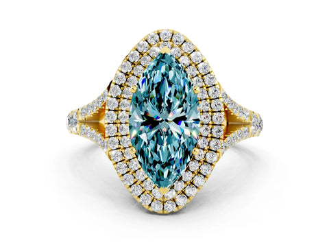 Yellow gold Marquise Cut Blue Topaz Pavé Split Shank Double Halo Engagement Ring