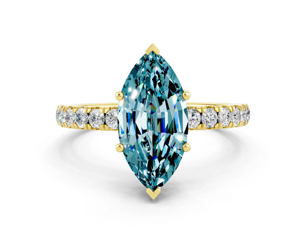 Yellow gold Marquise Cut Blue Topaz Pave Band Solitaire Ring with Round  and Prong Setting