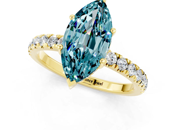 Yellow gold Marquise Cut Blue Topaz Pave Band Solitaire Ring with Round  and Prong Setting