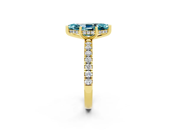 Yellow gold Marquise Cut Blue Topaz Pave Band Solitaire Ring with Round  and Prong Setting