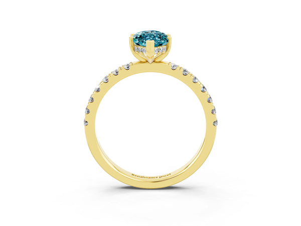Yellow gold Marquise Cut Blue Topaz Pave Band Solitaire Ring with Round  and Prong Setting