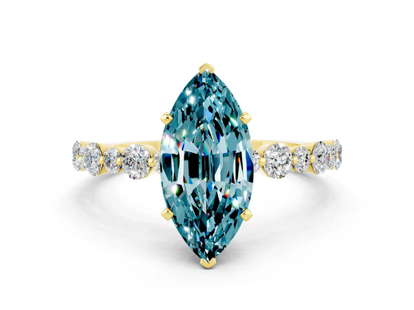 Yellow gold Marquise Cut Blue Topaz Prong Set Engagement Ring with Pavé Band
