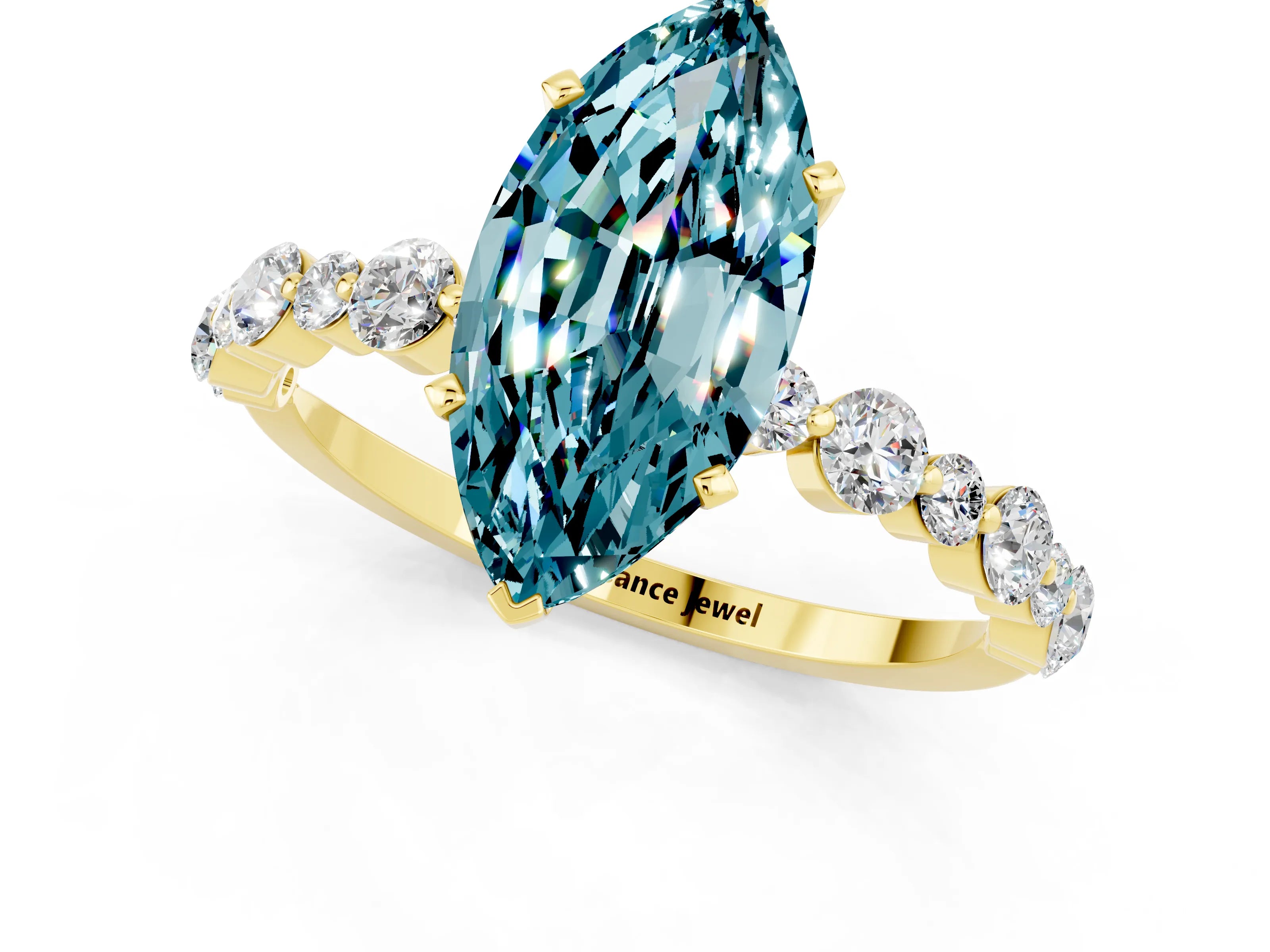 Yellow gold Marquise Cut Blue Topaz Prong Set Engagement Ring with Pavé Band_1