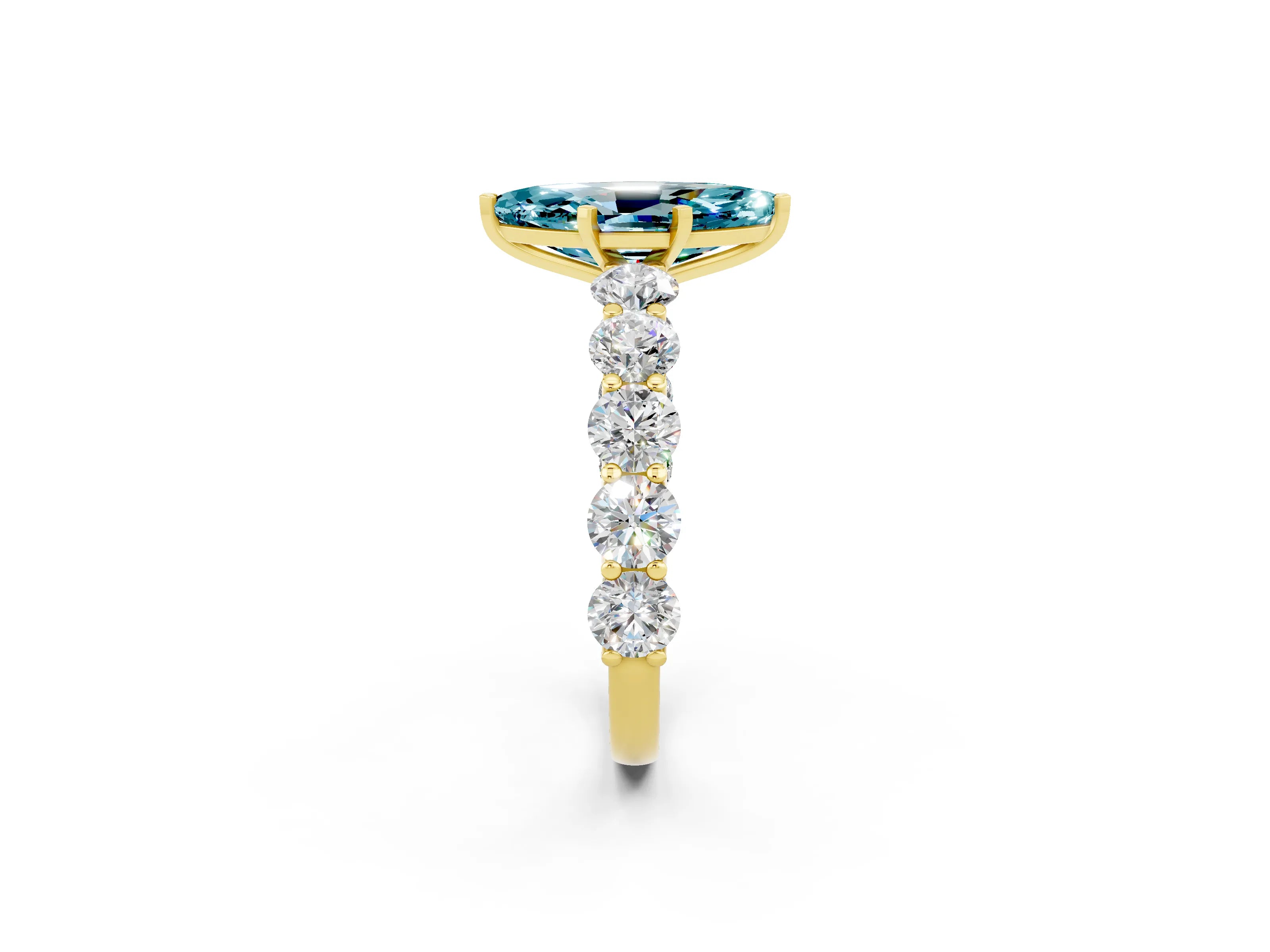 Yellow gold Marquise Cut Blue Topaz Prong Setting with Side Stones on a Pave Band_2