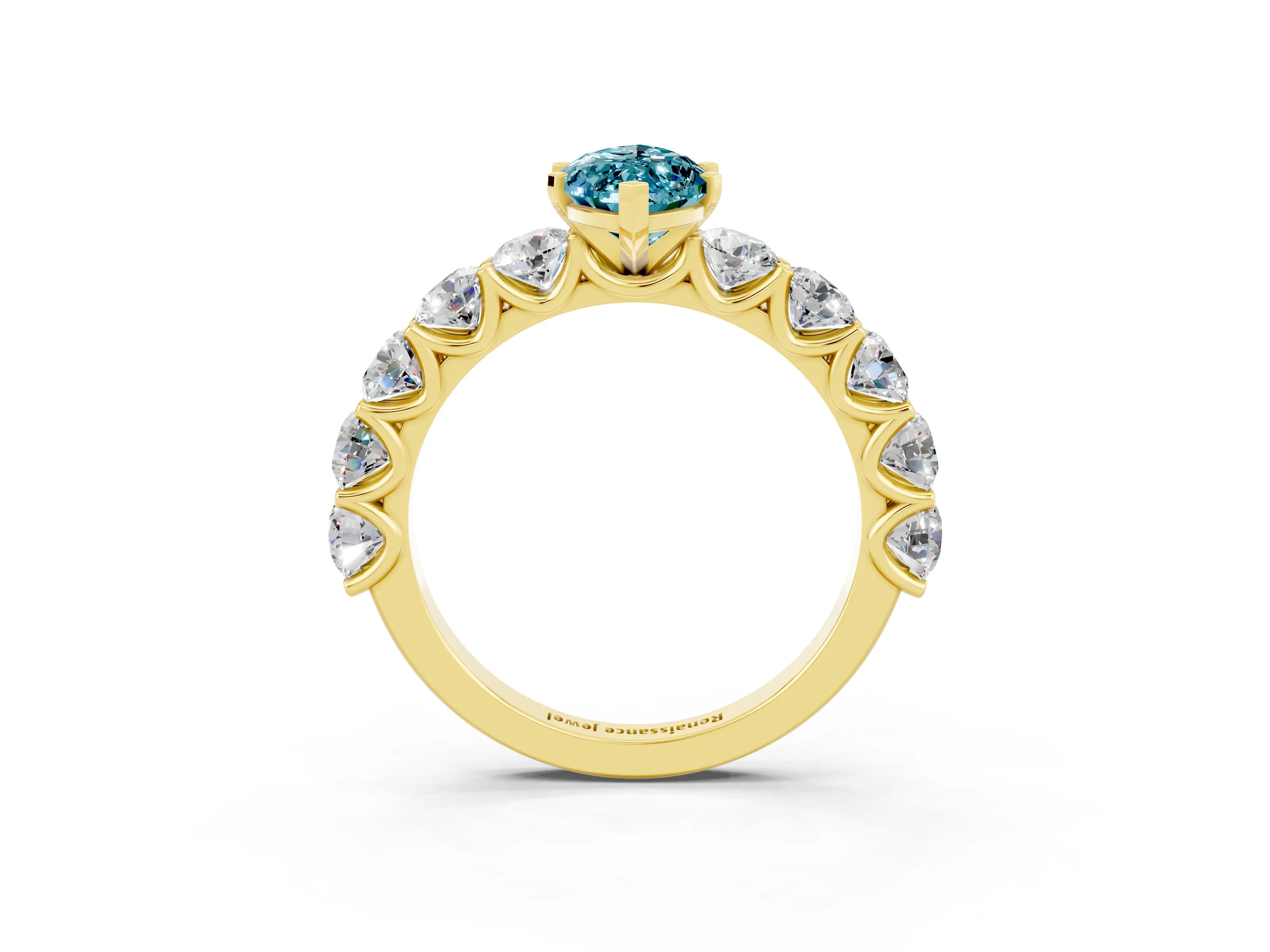 Yellow gold Marquise Cut Blue Topaz Prong Setting with Side Stones on a Pave Band_3