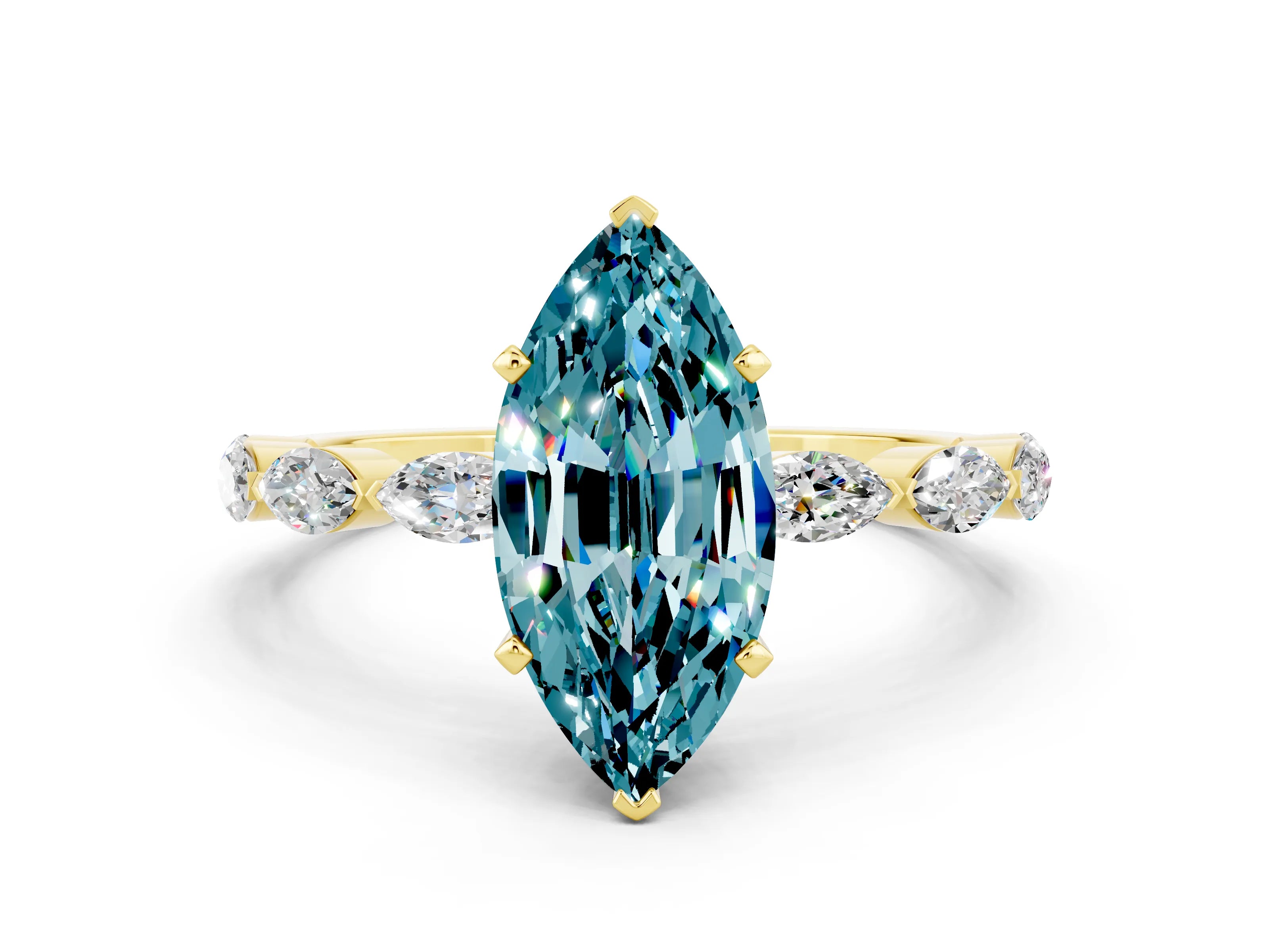 Yellow gold Marquise Cut Blue Topaz Ring with Marquise Side Stones and Prong Setting
