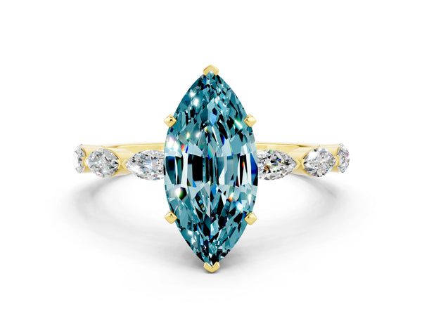 Yellow gold Marquise Cut Blue Topaz Ring with Marquise Side Stones and Prong Setting