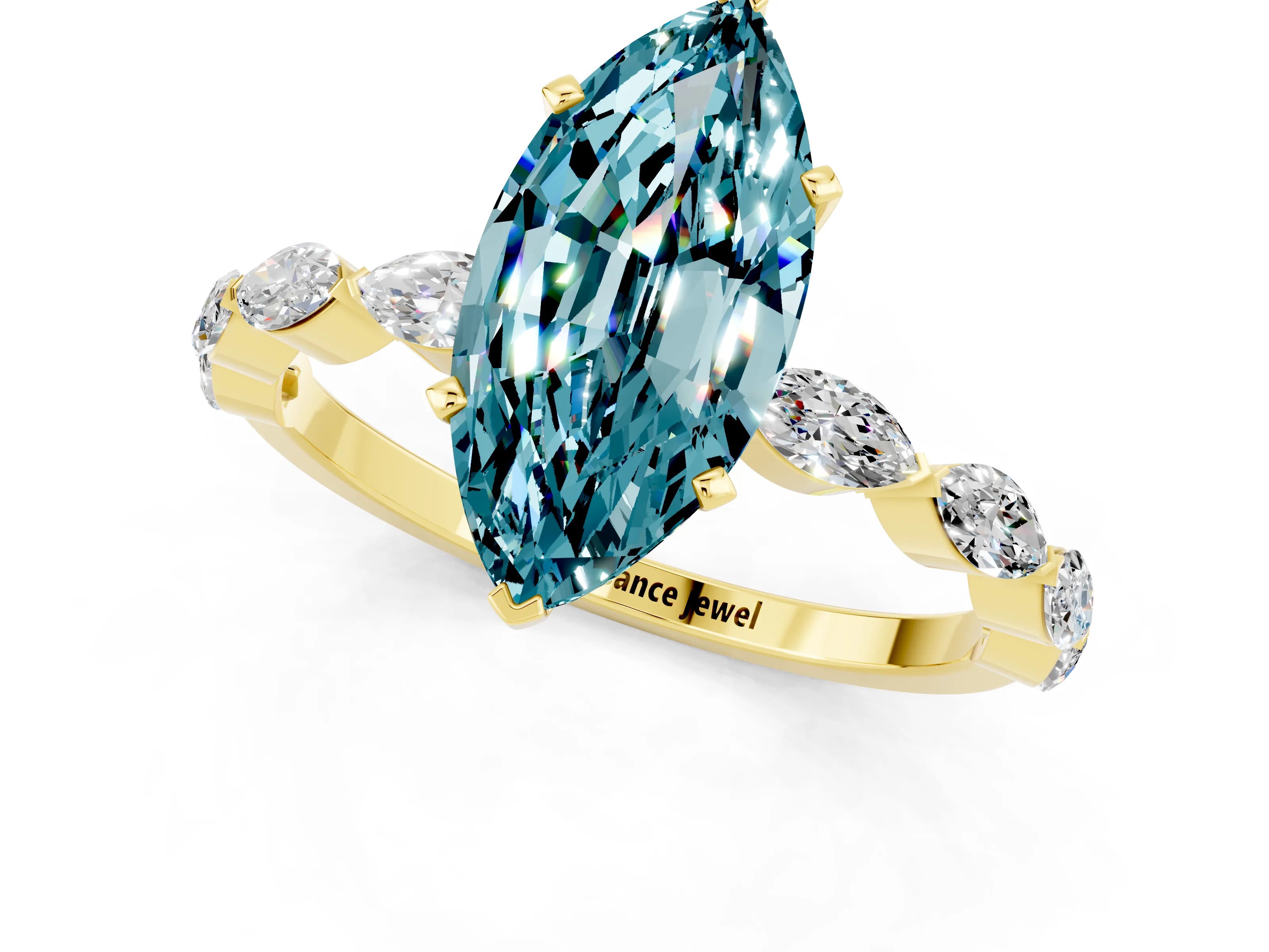 Yellow gold Marquise Cut Blue Topaz Ring with Marquise Side Stones and Prong Setting_1