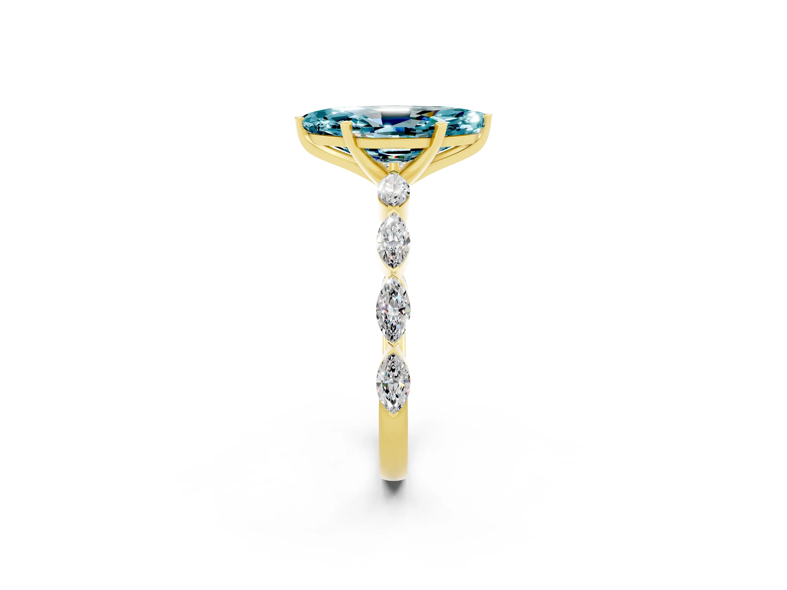 Yellow gold Marquise Cut Blue Topaz Ring with Marquise Side Stones and Prong Setting_2