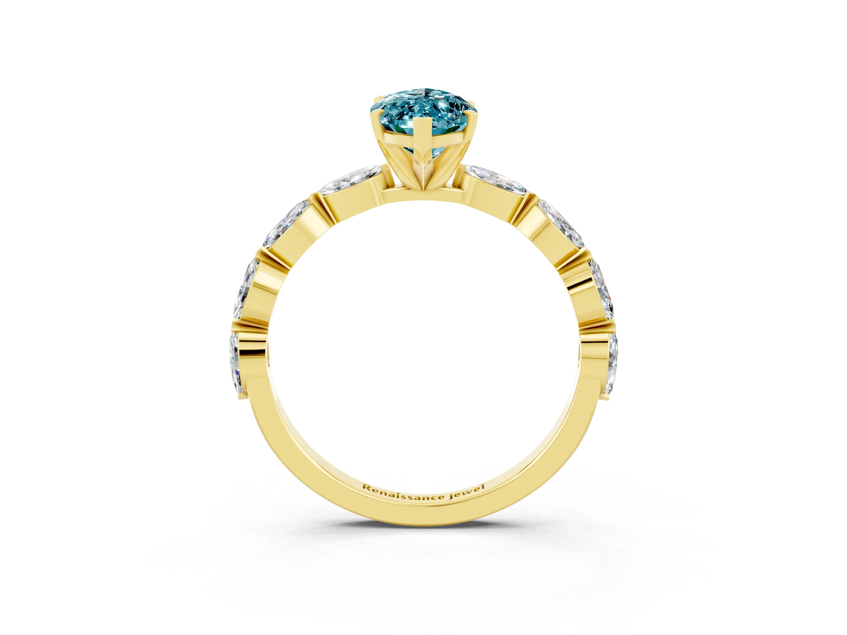 Yellow gold Marquise Cut Blue Topaz Ring with Marquise Side Stones and Prong Setting_3