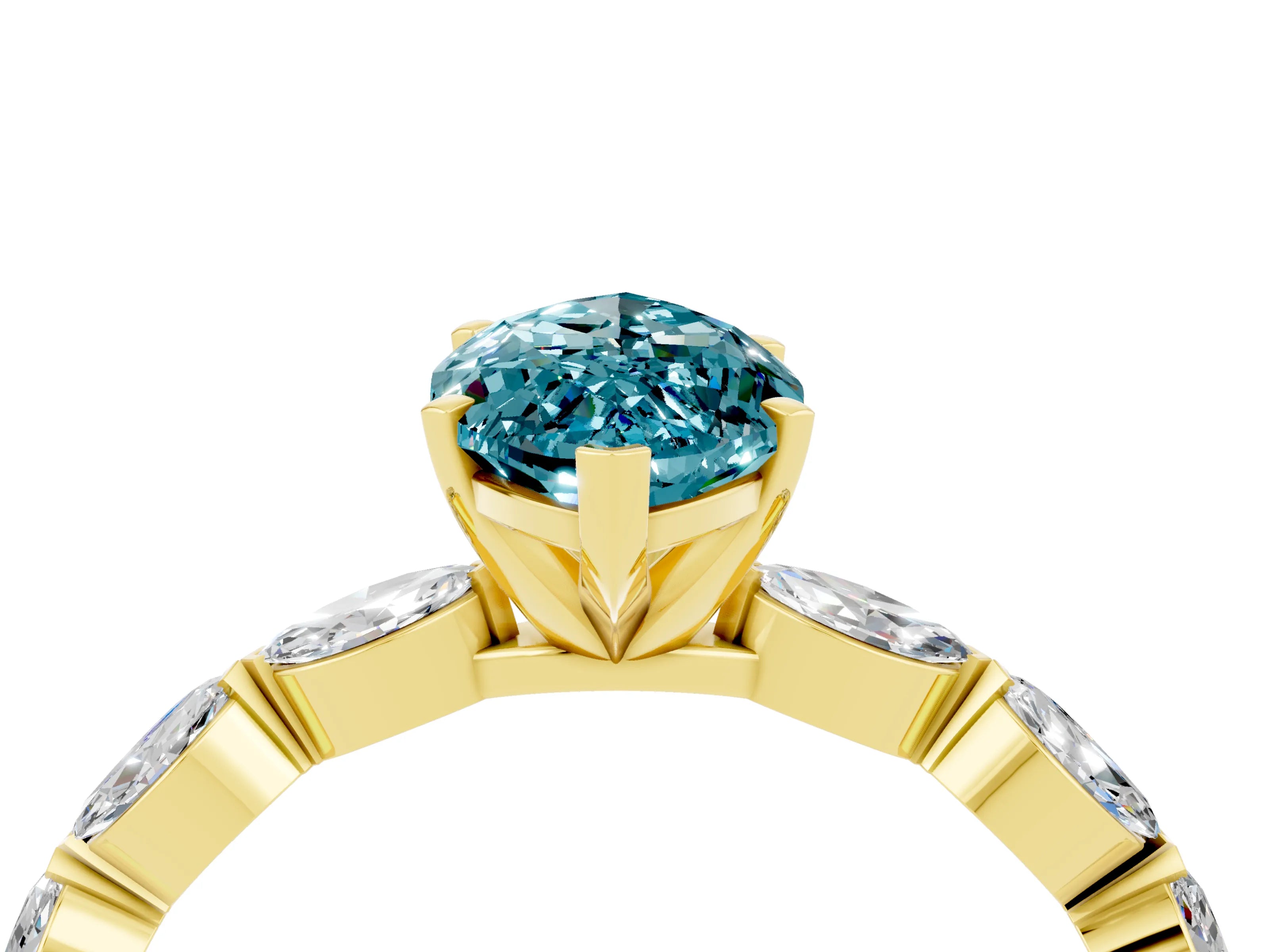 Yellow gold Marquise Cut Blue Topaz Ring with Marquise Side Stones and Prong Setting_4
