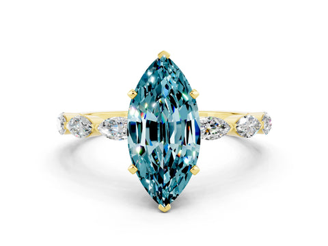 Yellow gold Marquise Cut Blue Topaz Ring with Marquise Side Stones and Prong Setting