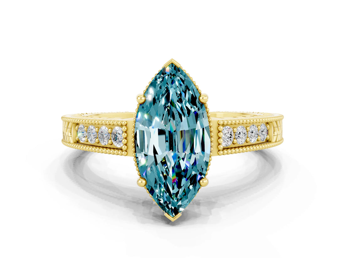 Yellow gold Marquise Cut Blue Topaz Ring with Milgrain Pavé Band and Four-Prong Setting_12