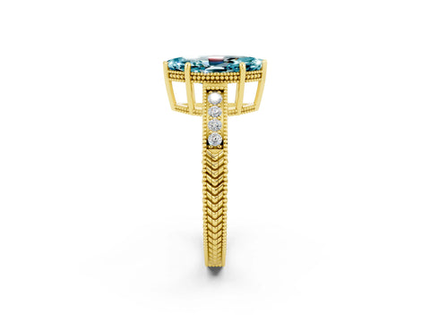 Yellow gold Marquise Cut Blue Topaz Ring with Milgrain Pavé Band and Four-Prong Setting_14