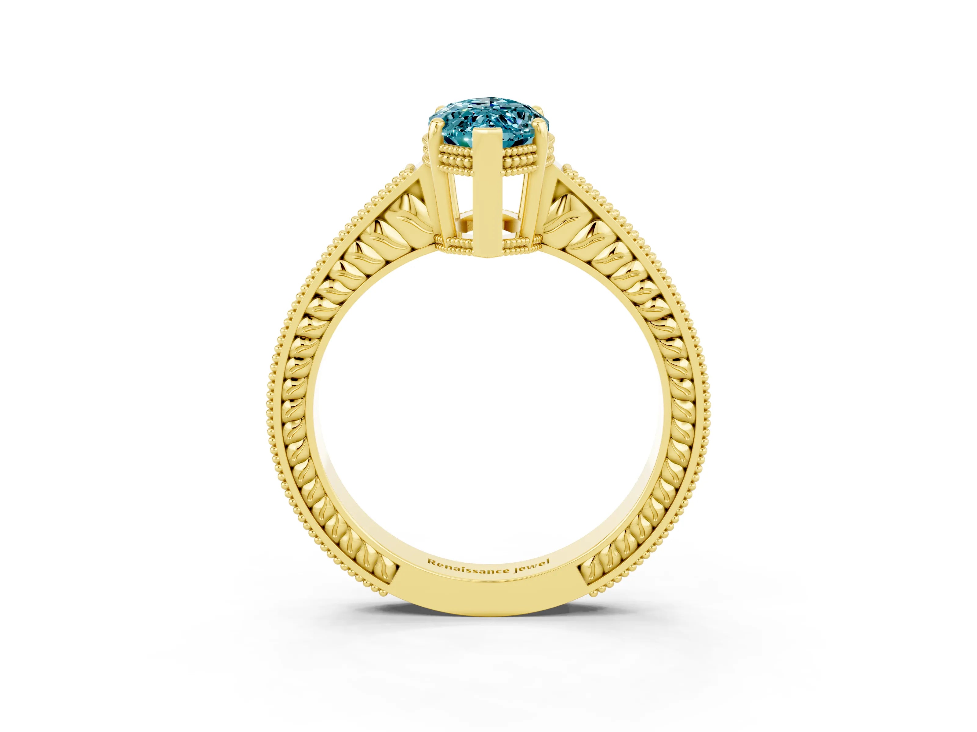 Yellow gold Marquise Cut Blue Topaz Ring with Milgrain Pavé Band and Four-Prong Setting_15
