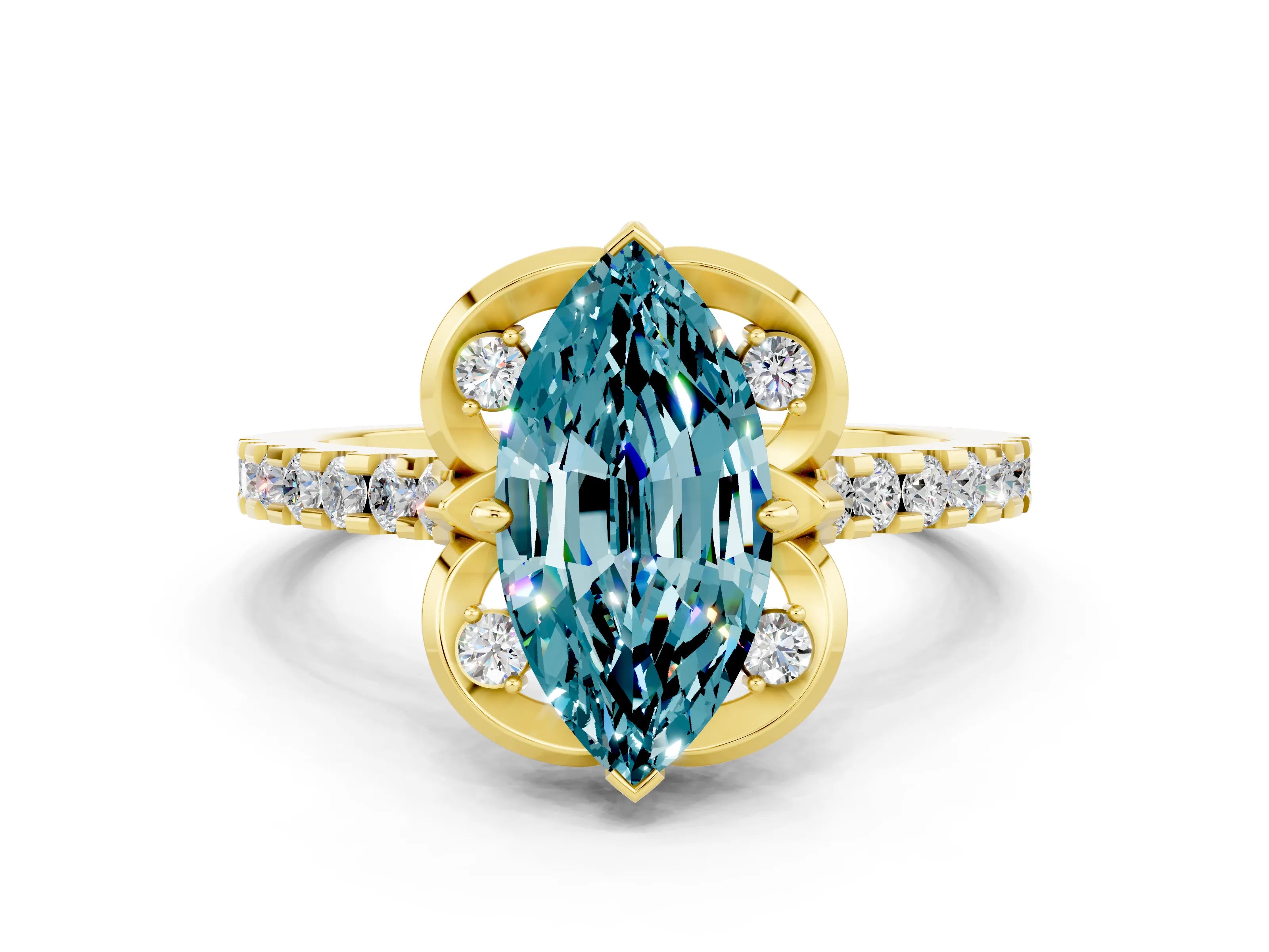 Yellow gold Marquise Cut Blue Topaz Ring with Pavé Band and Floral Prong Setting