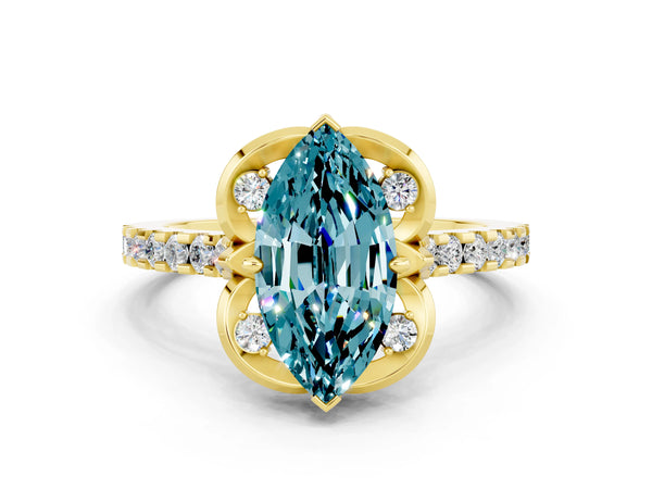Yellow gold Marquise Cut Blue Topaz Ring with Pavé Band and Floral Prong Setting