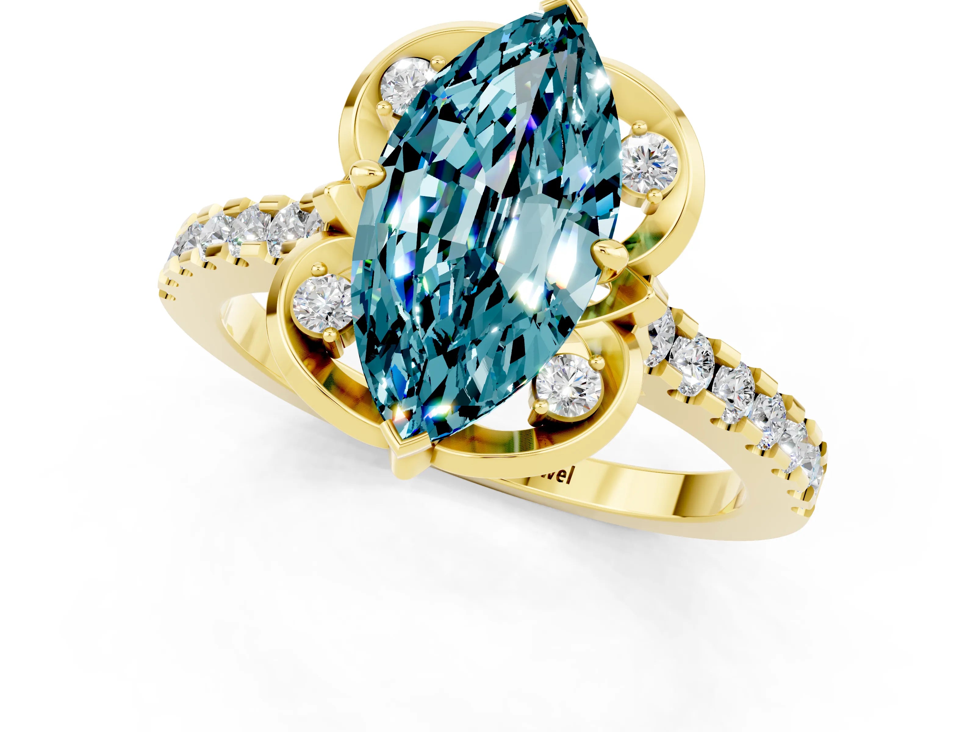 Yellow gold Marquise Cut Blue Topaz Ring with Pavé Band and Floral Prong Setting_1