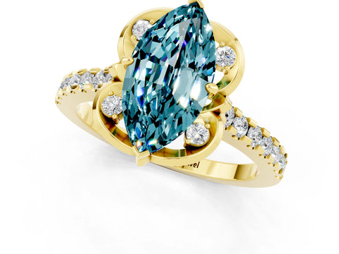 Yellow gold Marquise Cut Blue Topaz Ring with Pavé Band and Floral Prong Setting_1