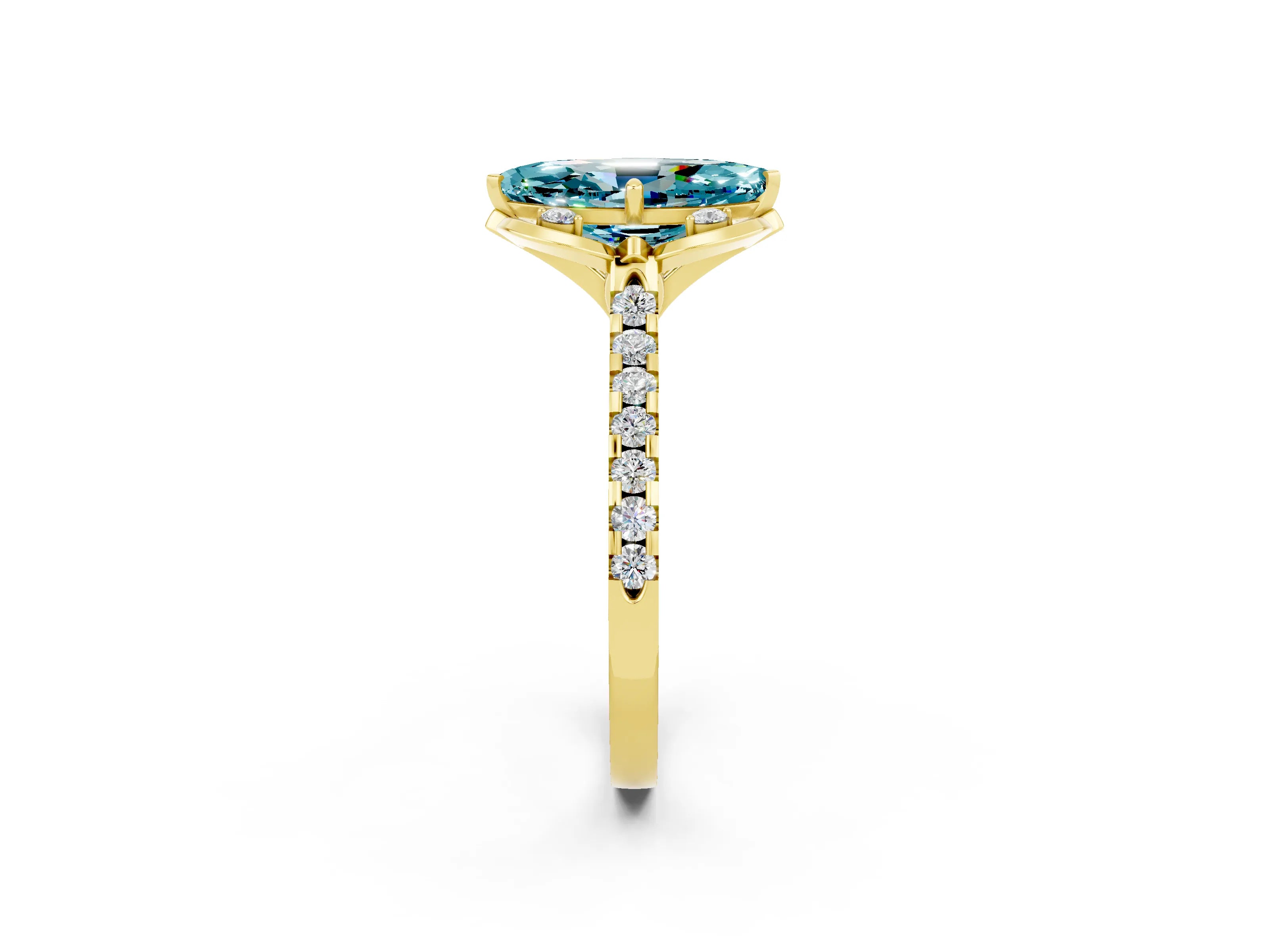 Yellow gold Marquise Cut Blue Topaz Ring with Pavé Band and Floral Prong Setting_2