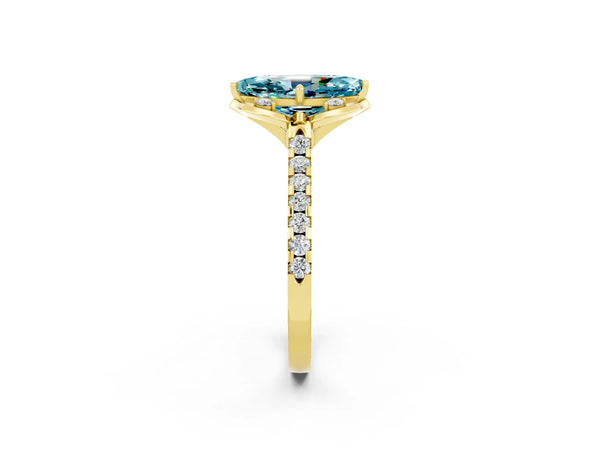 Yellow gold Marquise Cut Blue Topaz Ring with Pavé Band and Floral Prong Setting
