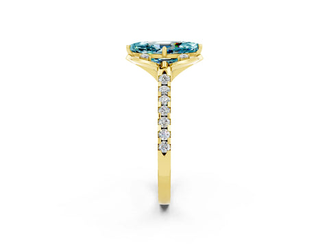 Yellow gold Marquise Cut Blue Topaz Ring with Pavé Band and Floral Prong Setting_2