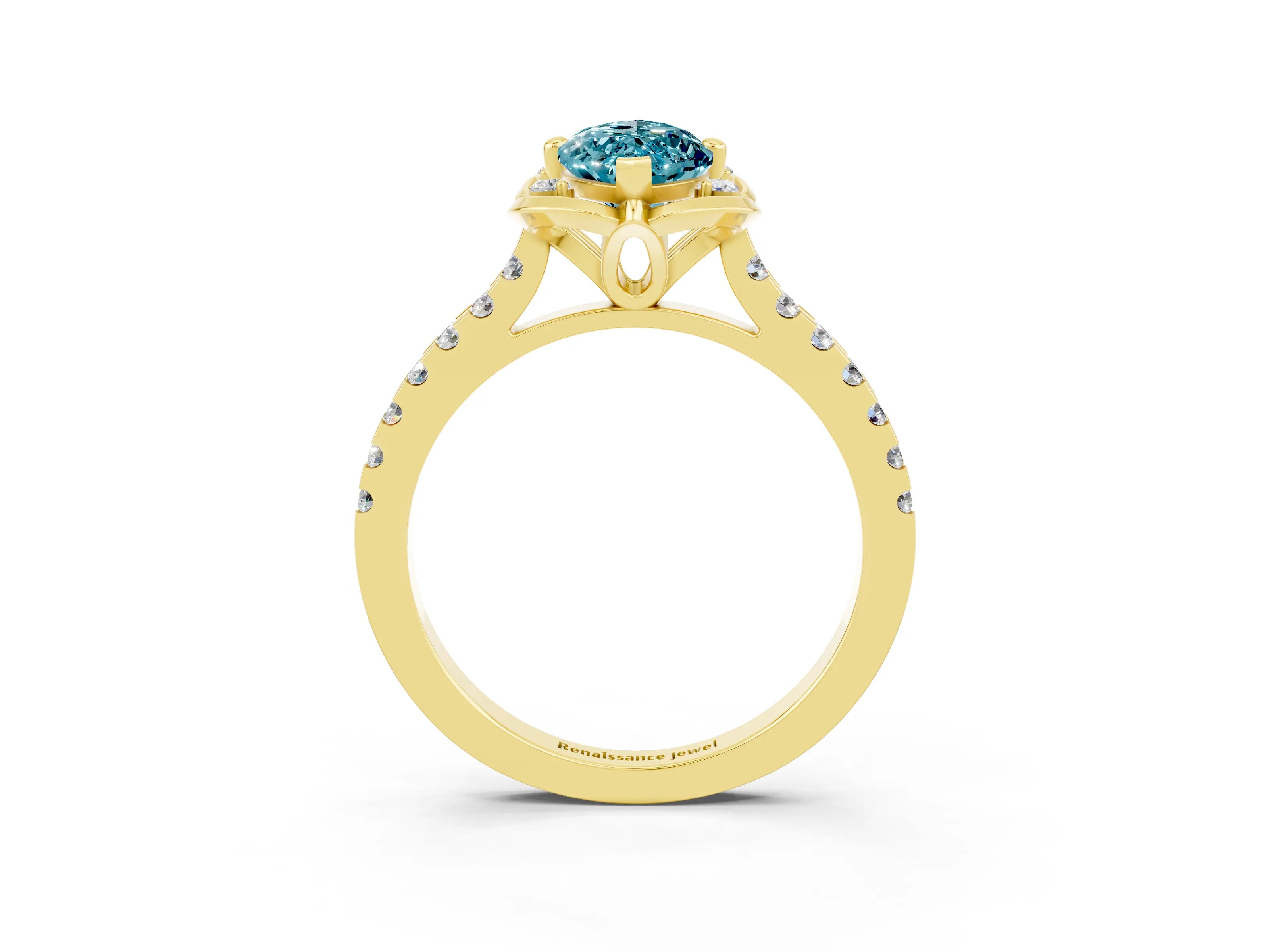 Yellow gold Marquise Cut Blue Topaz Ring with Pavé Band and Floral Prong Setting_3