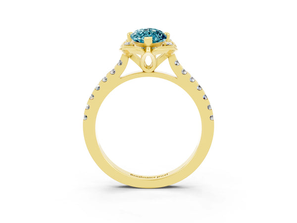 Yellow gold Marquise Cut Blue Topaz Ring with Pavé Band and Floral Prong Setting