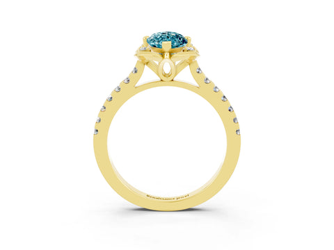 Yellow gold Marquise Cut Blue Topaz Ring with Pavé Band and Floral Prong Setting_3