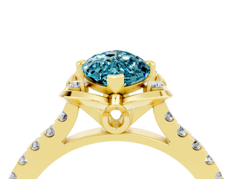 Yellow gold Marquise Cut Blue Topaz Ring with Pavé Band and Floral Prong Setting_4