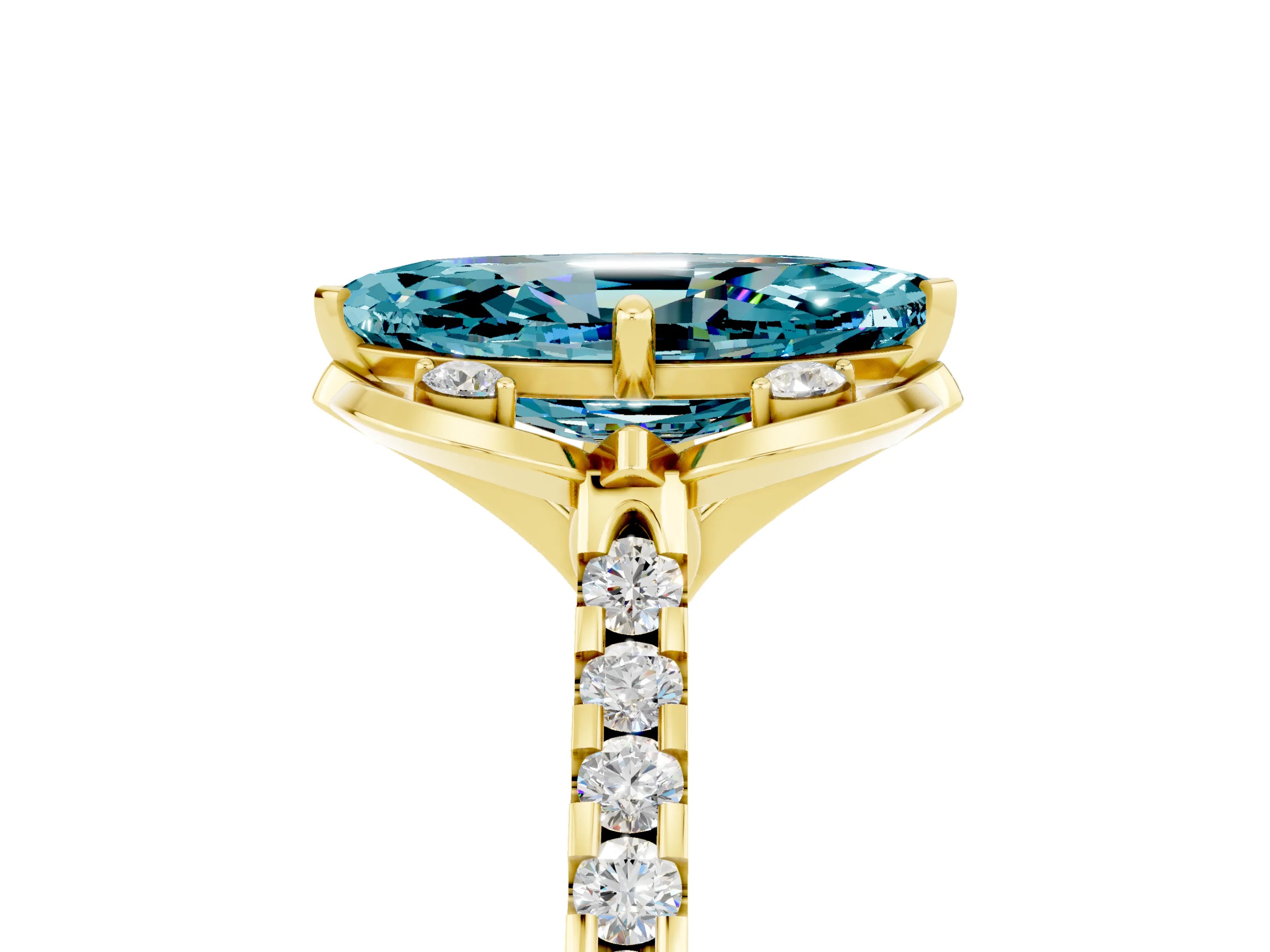 Yellow gold Marquise Cut Blue Topaz Ring with Pavé Band and Floral Prong Setting_5
