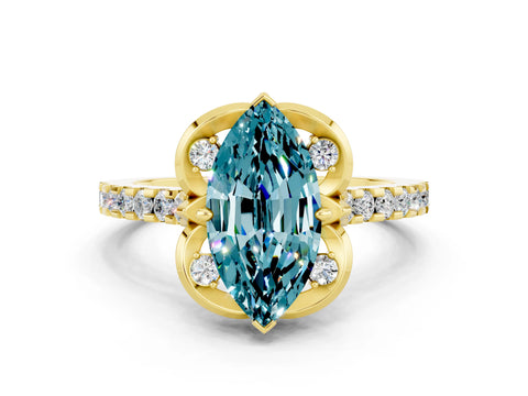 Yellow gold Marquise Cut Blue Topaz Ring with Pavé Band and Floral Prong Setting