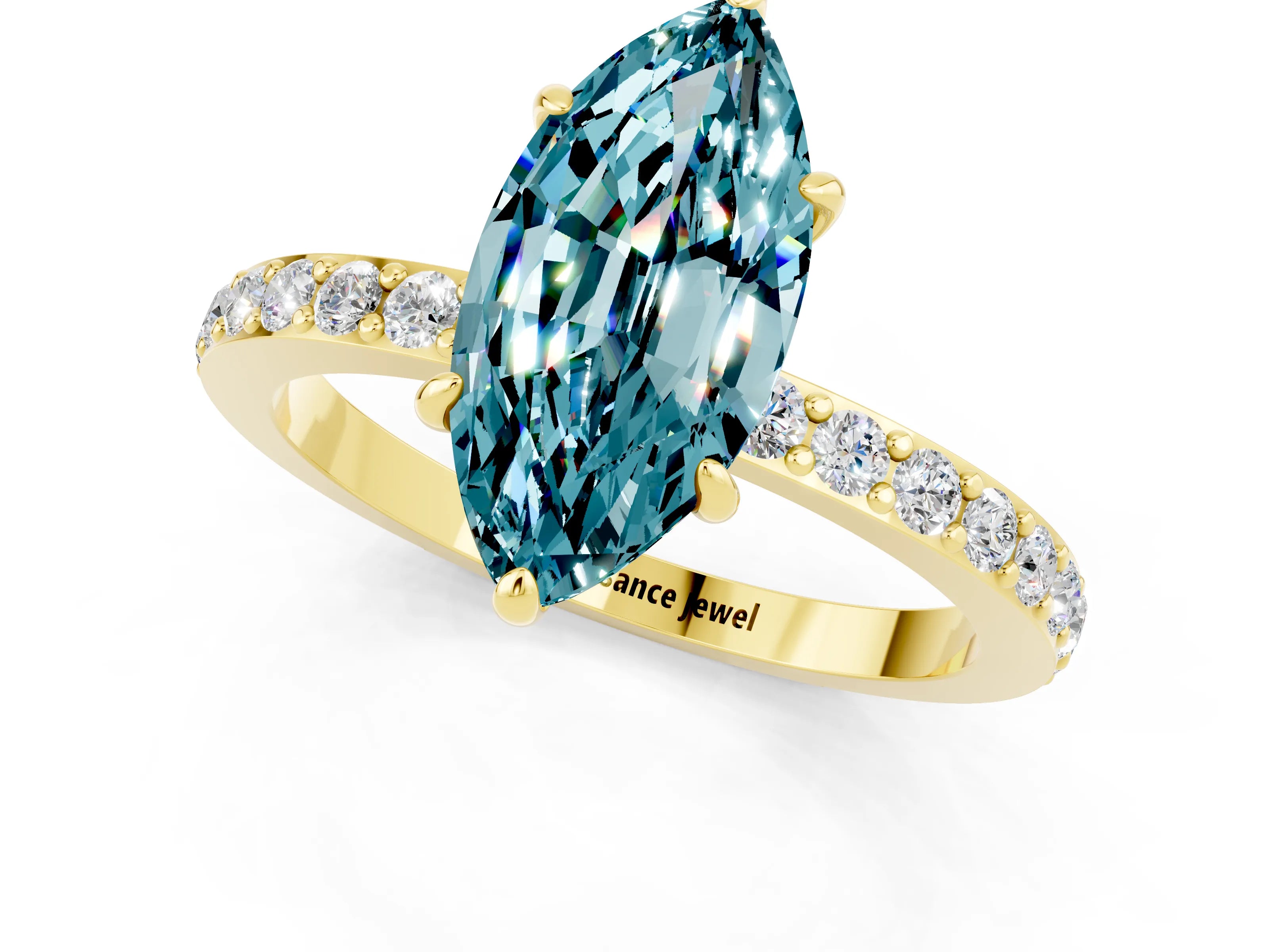 Yellow gold Marquise Cut Blue Topaz Ring with Pavé Band and Four-Prong Setting_1