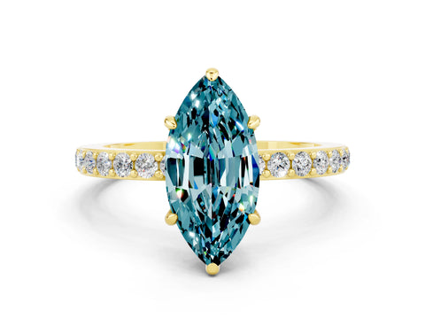Yellow gold Marquise Cut Blue Topaz Ring with Pavé Band and Four-Prong Setting