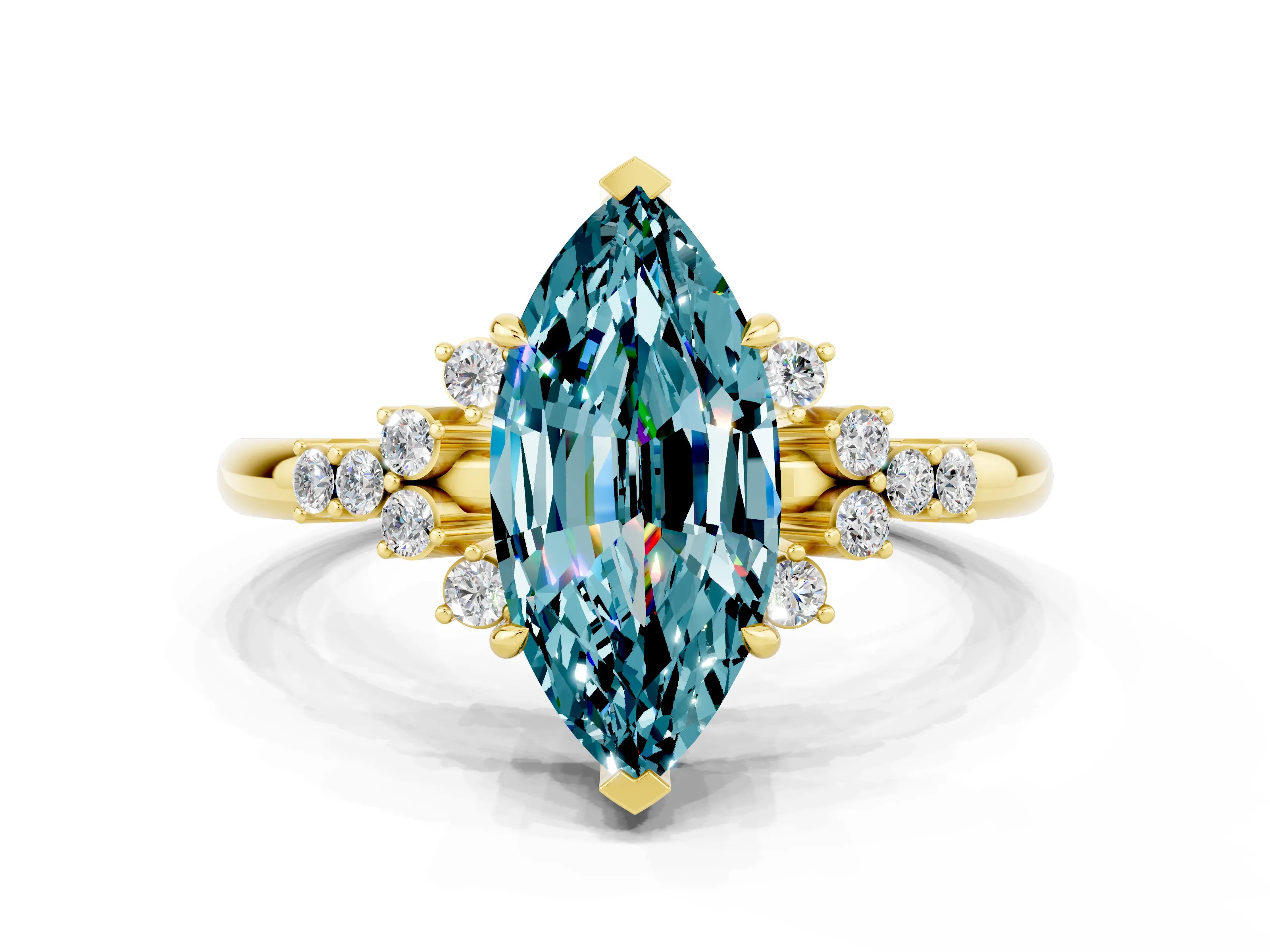 Yellow gold Marquise Cut Blue Topaz Ring with Side Stones and Four-Prong Setting_36