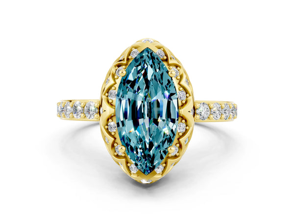 Yellow gold Marquise Cut Blue Topaz Scalloped Halo Engagement Ring with Round Shared Prong Band