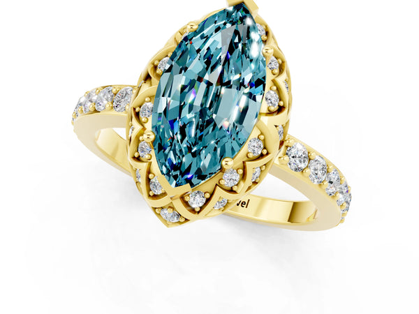 Yellow gold Marquise Cut Blue Topaz Scalloped Halo Engagement Ring with Round Shared Prong Band